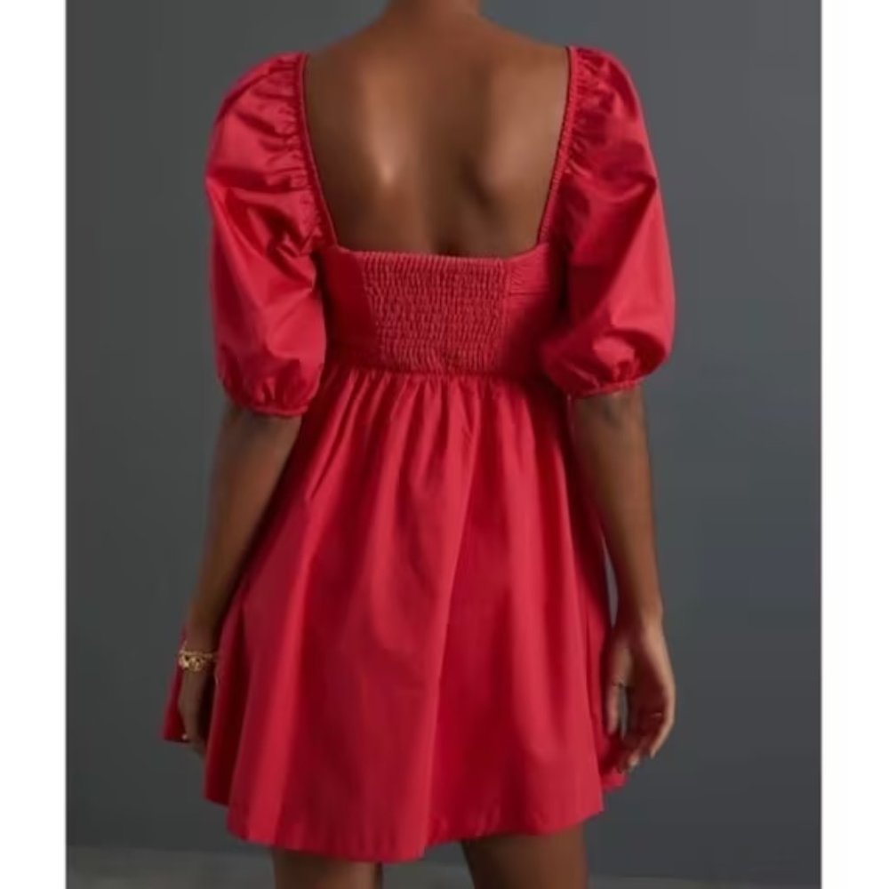 Anthropologie Red Puff-Sleeve Button Front Mini Dress - Picture 3 of 6